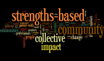 A word cloud based onstrengths-based collective impact. Other key words include change, power-with, people and community.